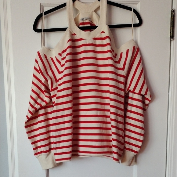 Zara Red White Striped Cold Shoulder Top Nautical French Chic Size XL - Picture 4 of 6
